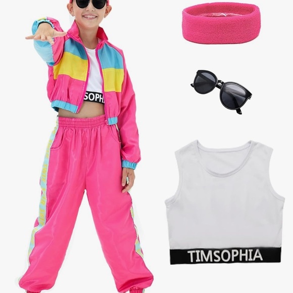 Kids  5 piece Pink 80s/90s Costume track suit with Accessories - Picture 1 of 6